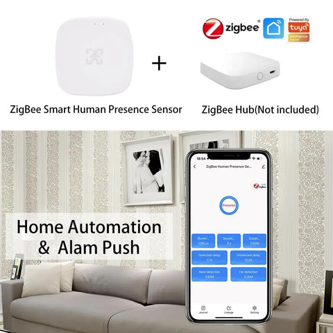 Dope Zigbee MmWave 5.8 GHz Presence Sensor With Motion Detection Radar Tech in smart home setup showing app interface