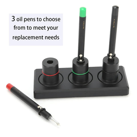Auto Lubrication Pen For Watches With Stable Base, 3 Piece Watch Repair Kit on black stand, precision oil pen display