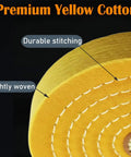 Heavy Duty Six Inch Cotton Buffing Wheels For Bench Grinders Two Pack Extra Thick 910 inch arbor close-up showing durable yellow cotton material.