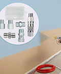 Six Piece Pro Grade Sprayer Joint Set For Airless Paint Sprayers With Spray Gun Swivel Joint And Paint Hose Connectors That Include Quarter Inch And Three Eighth Inch Fittings In Multiple Sizes For Fast Flexible Attachments, six metal fittings in case