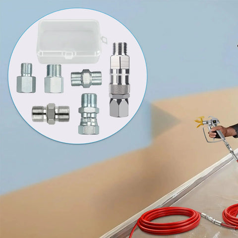 Six Piece Pro Grade Sprayer Joint Set For Airless Paint Sprayers With Spray Gun Swivel Joint And Paint Hose Connectors That Include Quarter Inch And Three Eighth Inch Fittings In Multiple Sizes For Fast Flexible Attachments, six metal fittings in case