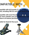Blue Aluminum Jack Pad Adapters With Bulletproof Build And Drop Dead Simple Fitment Safeguards Factory Frame Racks From Gouges For Porsche Chevy Corvette C6 C7 Four Pack on jack with compatibility info.