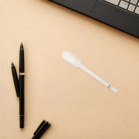 Fountain Pen Flusher Kit With Precise Nib Flush Pipette For Ink Removal And Cleaning next to black pens and laptop on table