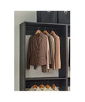 Freestanding Gray Wood Closet System With Five Modular Wardrobe Units For No Stress Setup showcasing hanging suits and blouses.