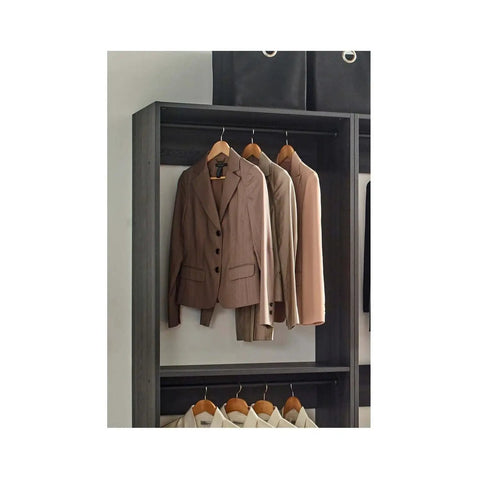 Freestanding Gray Wood Closet System With Five Modular Wardrobe Units For No Stress Setup showcasing hanging suits and blouses.