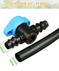 Five Pack Half Inch Drip Irrigation Shut Off Valves Inline Barbed Cut Off Valves For Garden Irrigation System Fits Half Inch Tubing 570 To 620 ID Durable One Piece Construction visible with tubing connection