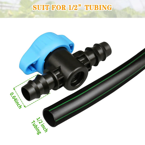 Five Pack Half Inch Drip Irrigation Shut Off Valves Inline Barbed Cut Off Valves For Garden Irrigation System Fits Half Inch Tubing 570 To 620 ID Durable One Piece Construction visible with tubing connection