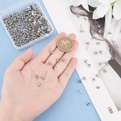 150 Pcs Ball Post Earring Kit With 75 Pairs Of 304 Stainless Steel Findings Including Loops And Ear Nuts 0.8mm Pin For DIY Earring Making No Tarnish Hypoallergenic Easy To Use, hand with earring posts