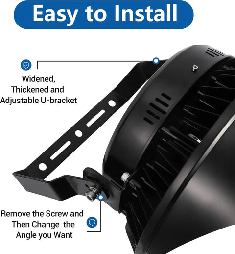 Heavy Duty LED Stadium Lights 500W Built Tough Sports Field Flood Lamps installation with adjustable U-bracket details.