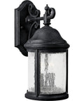 Two Light Water Seeded Glass Outdoor Wall Lantern In Textured Black Old World Inspired Outdoor Lighting With Quill Scrolled Arms