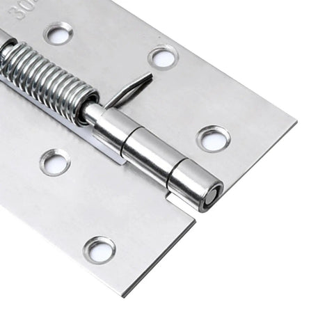 Close-up of a stainless steel Set Of Six Self Closing Spring Door Hinges Heavy Duty 4 Inch Spring Loaded Door Hardware For Home Office Or Garage Durable Quiet Operation Screws Not Included.