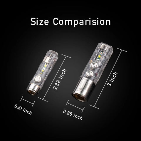 Size comparison of EDC USB C rechargeable flashlight with 1000 lumen output and 6500K cool white, two transparent units with measurements.