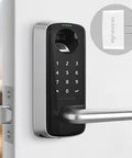 Heavy Duty 5-In-1 Keyless Entry Smart Lock with WiFi Bridge, fingerprint scanner, anti-peep keypad visible on front door