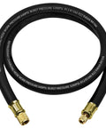 HVAC vacuum hose, 6 ft black, 1/2in to 1/4in flare fittings, brass ends, coiled view.