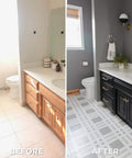 Before and after bathroom comparison using Interior Floor Coating Kit Ultra White Semi Gloss Finish for ceramic tile floor makeover.