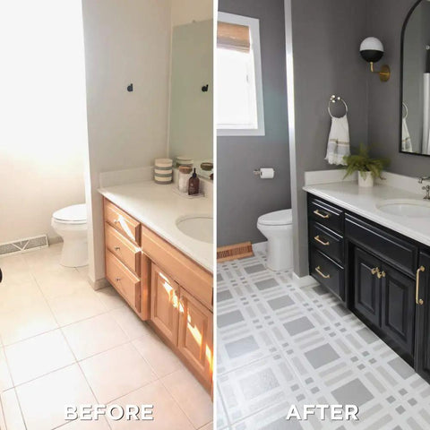 Before and after bathroom comparison using Interior Floor Coating Kit Ultra White Semi Gloss Finish for ceramic tile floor makeover.