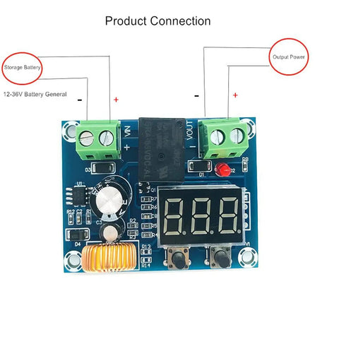 Heavy Duty 12 To 36 Volt Low Voltage Protector For Lithium Batteries No Hassle Auto Cut Off Switch With Crisp Digital Readout and tight voltage control features mounted for easy connection.