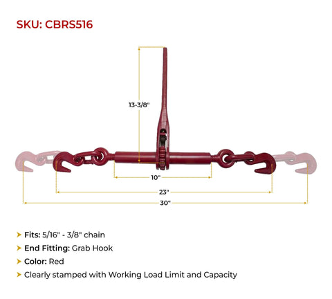 Heavy Duty Ratchet Chain Binder Set Five Sixteenth To Three Eighth Inch Chain With Grab Hooks 5400 Lbs Working Load Limit diagram