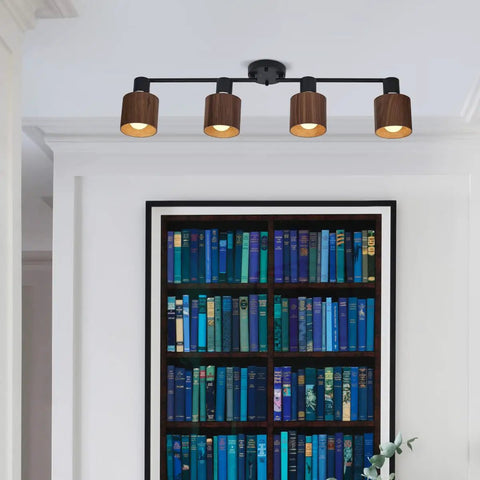 4 Light Track Lighting Kit 36 Inch Black Ceiling Mount With Natural Wood Finish Directional Spots for Living Room