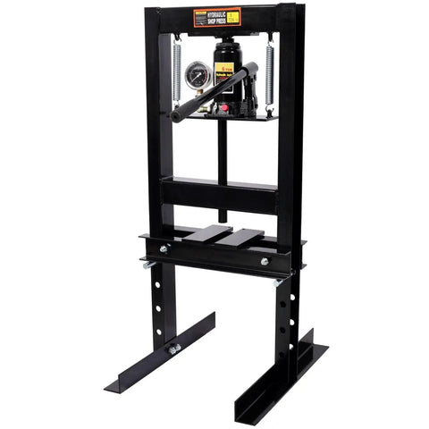 Six Ton Hydraulic Shop Press With Precision Pressure Gauge For Bearing Install Auto Maintenance And Metal Fabrication 13000 Lb Load Rating front view showing heavy duty steel frame and pressure gauge.