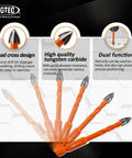 BGTEC 10-piece masonry drill bit set with orange tungsten carbide tips and hex shanks, front view