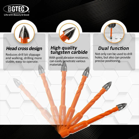 BGTEC 10-piece masonry drill bit set with orange tungsten carbide tips and hex shanks, front view