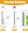 Heavy Duty Self Drilling Drywall Anchors And Screws Slam Right Into Walls Without The Headache Holds Heavy Loads Up To 75 Pounds For Hanging Frames Shelves Curtains Clocks And Storage Solid 70 Piece Tool Kit size details with white anchors, zinc screws, and drill bit.