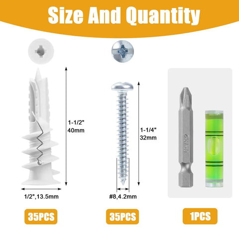 Heavy Duty Self Drilling Drywall Anchors And Screws Slam Right Into Walls Without The Headache Holds Heavy Loads Up To 75 Pounds For Hanging Frames Shelves Curtains Clocks And Storage Solid 70 Piece Tool Kit size details with white anchors, zinc screws, and drill bit.