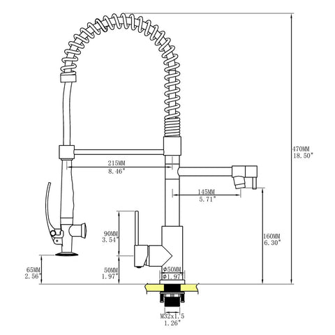 Diagram of Brushed Nickel Pull Down Kitchen Faucet With Sprayer, Single Handle, Solid Brass Construction, 18.5 Inch High Arc