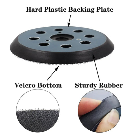 Four Pack 5 Inch 8 Hole Sander Pads With Hook And Loop Backing Plates Compatible With Makita DeWalt Porter Cable Hitachi showing material