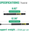Specifications of Chevrolet Malibu Trunk Lid Lift Supports Gas Struts Shocks Set Of 2, compressed length 8.62 inches, extended 12.36 inches.