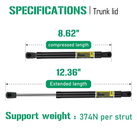 Specifications of Chevrolet Malibu Trunk Lid Lift Supports Gas Struts Shocks Set Of 2, compressed length 8.62 inches, extended 12.36 inches.