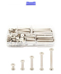 No Nonsense Heavy Duty Nickel Plated Chicago Screws Assortment Kit Featuring Phillips Head Binding Posts With M5 Sizes, 100 Piece Bookbinding Rivet Set For Leather Crafting And Gear Fixes displayed in clear storage box.