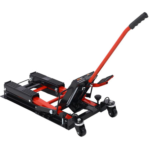 No Sweat Heavy Duty Hydraulic Motorcycle Lift Jack 1500 Lb Capacity Rock Solid Scissor Stand Foot Pedal Smooth Glide Roller For Bikes Atvs And Cruisers Non Slip Base