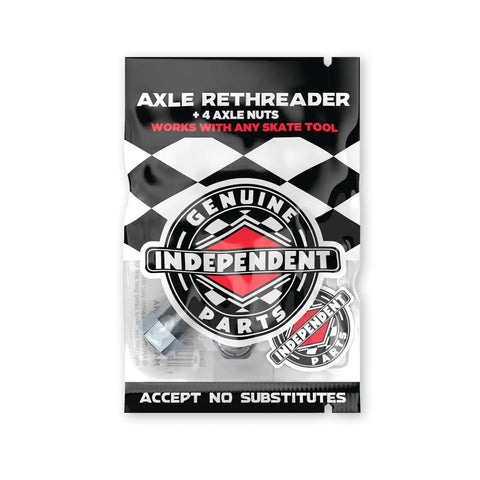 Skateboard Truck Axle Rethreader Kit With Pilot Shaft Four Fresh Axle Nuts And Genuine Parts Sticker packaging front view.