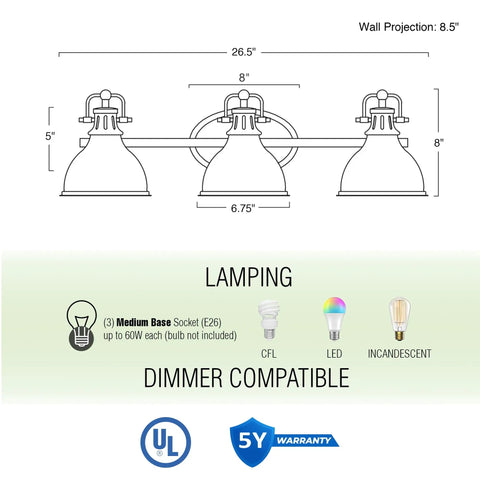 Diagram of Beacon 27 Inch Three Light Industrial Vanity Light With Brass Interior Shades Modern Farmhouse Wall Sconce