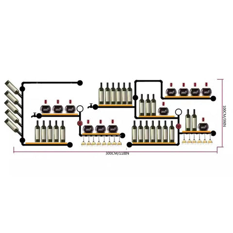Industrial Iron Pipe Wine Rack For Home Bar Flex, vintage metal bottle organizer design layout with shelves and bottles.