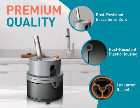 Single Handle Faucet Cartridge Replacement For Diamond Seal DST Models with brass core and plastic housing on kitchen counter
