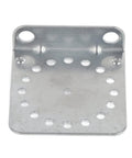 Close-up of Galvanized Angle Bracket from 10 Pack for Outdoor Electric Fencing System, weatherproof corner brace with mounting holes.