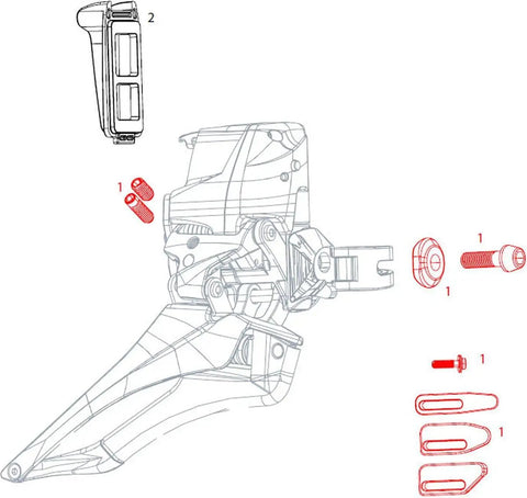 Red E Tap Front Derailleur Spare Parts Kit For Wireless Electronic Groupsets With Quick Install And High Precision Components For Lightweight Durability And Smooth Reliable Shifts For Ride Ready Performance On Any Ride. Exploded parts diagram