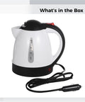 Heavy Duty 12V Portable Electric Car Kettle 1000Ml Travel Water Heater with spill proof handle and power cord.