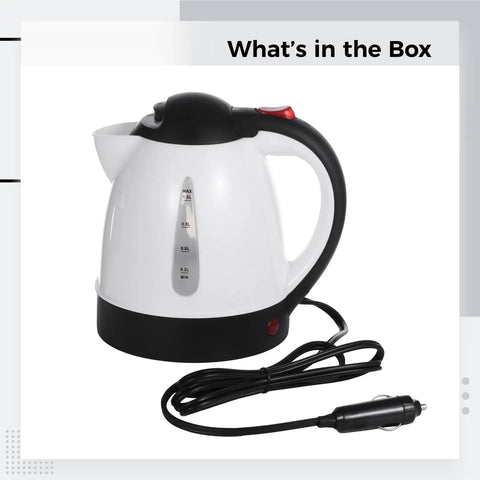 Heavy Duty 12V Portable Electric Car Kettle 1000Ml Travel Water Heater with spill proof handle and power cord.