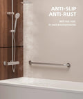 32 Inch Anti Slip Shower Grab Bar With Satin Brushed Nickel Finish And Knurled Middle For Superior Grip Stainless Steel Safety Hand Rail For Bathroom Support Handicap Elderly Senior Assist Non Slip Bath Handle installed above bathtub with shower.