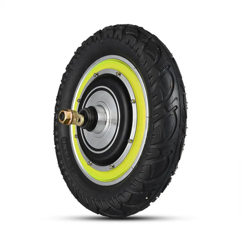 12 Inch Electric Scooter Hub Motor Wheel Running On 48V 500W Brushless Gearless Power with air-filled tire and aluminum rim.