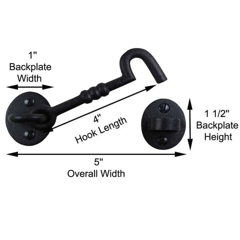 5 Inch Wrought Iron Hook And Eye Door Latch With Mounting Hardware dimensions