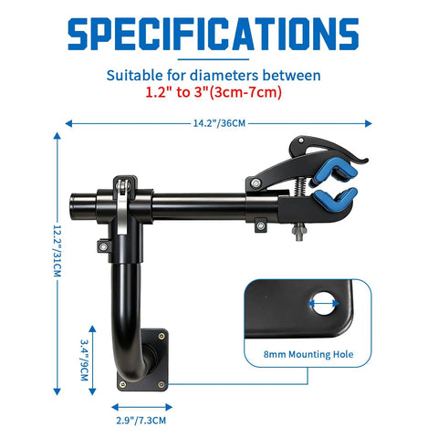Specifications of Wall Mounted Bike Repair Stand for Road and Mountain Bikes with 360 Degree Swivel Clamp and Heavy Duty Iron Construction
