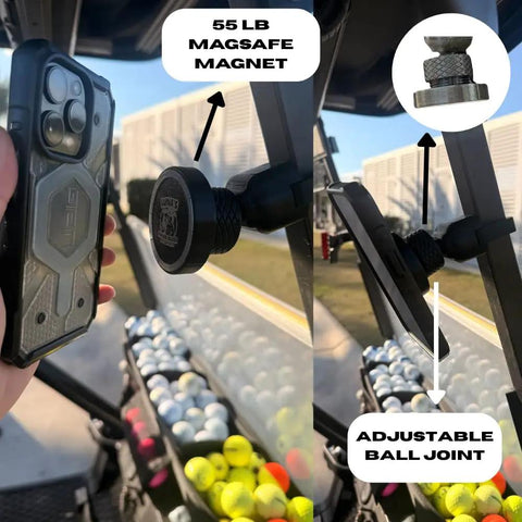 V2.5 Magnetic Golf Cart Phone Mount With 110Lb Magnet Ball Joint Neck Anti Rattle Lock GPS View Ready Universal Phone Compatibility