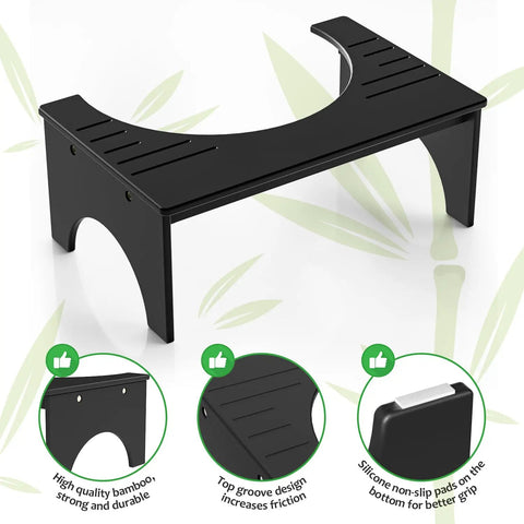 7 Inch Bamboo Toilet Stool For Adults And Kids Poop Stool For Bathroom Use Relieves Bowel Pressure Eases Defecation Anti Slip Grippy Surface Easy Clean Black with close-up on features