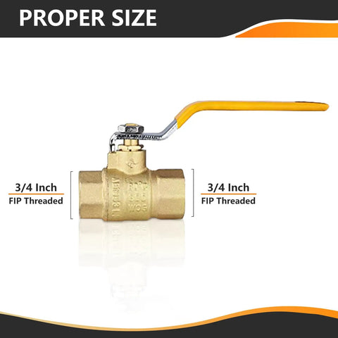 Two Pack Three Quarter Inch FIP Threaded Ball Valve Set With Brass Full Port Shut Off, Three Quarter Inch Female NPT Connections, Yellow Handle Easy Install, 600 WOG Water Oil And Gas