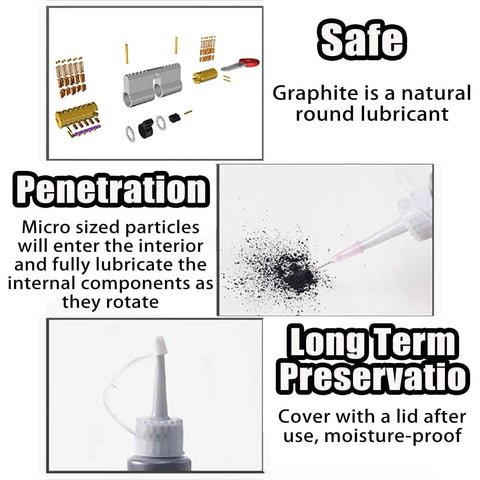 Graphite Powder Lubricant For Locks Hinges And Tools One Ounce Sixty Milliliters Ultra Fine Dry Film Lube diagram and application